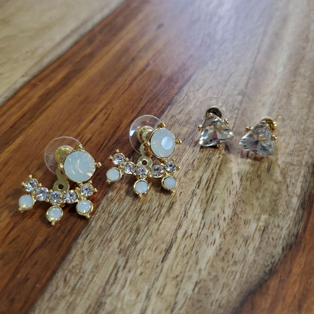 Palm Beach Stud Earring Set Gold Moonstone Clear Rhinestone Crystal